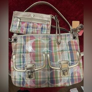 Coach Multicolor Plaid Shoulder Bag Set with Metallic Accents